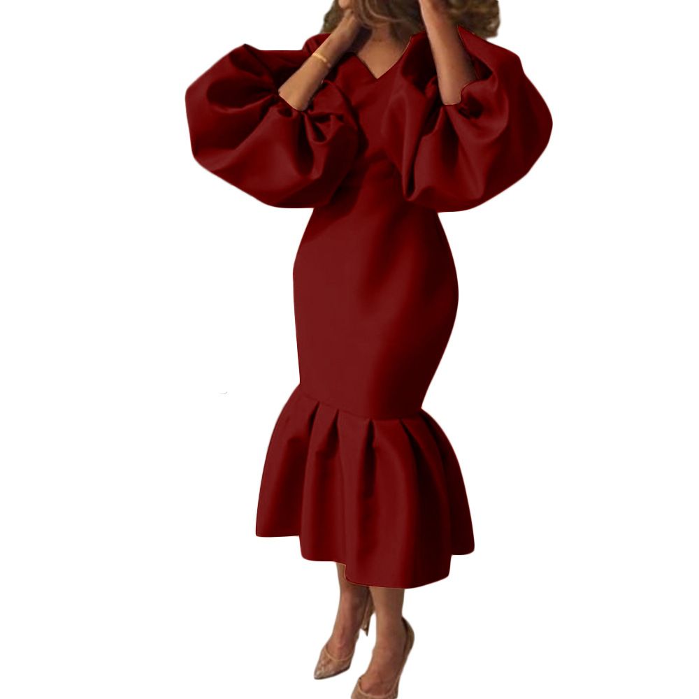 Women Evening Dress Solid Full Puff Sleeve V-neck Long Maxi Trumpet Dresses Fashion Vintage Party Vestidos Fall Outfit plus size