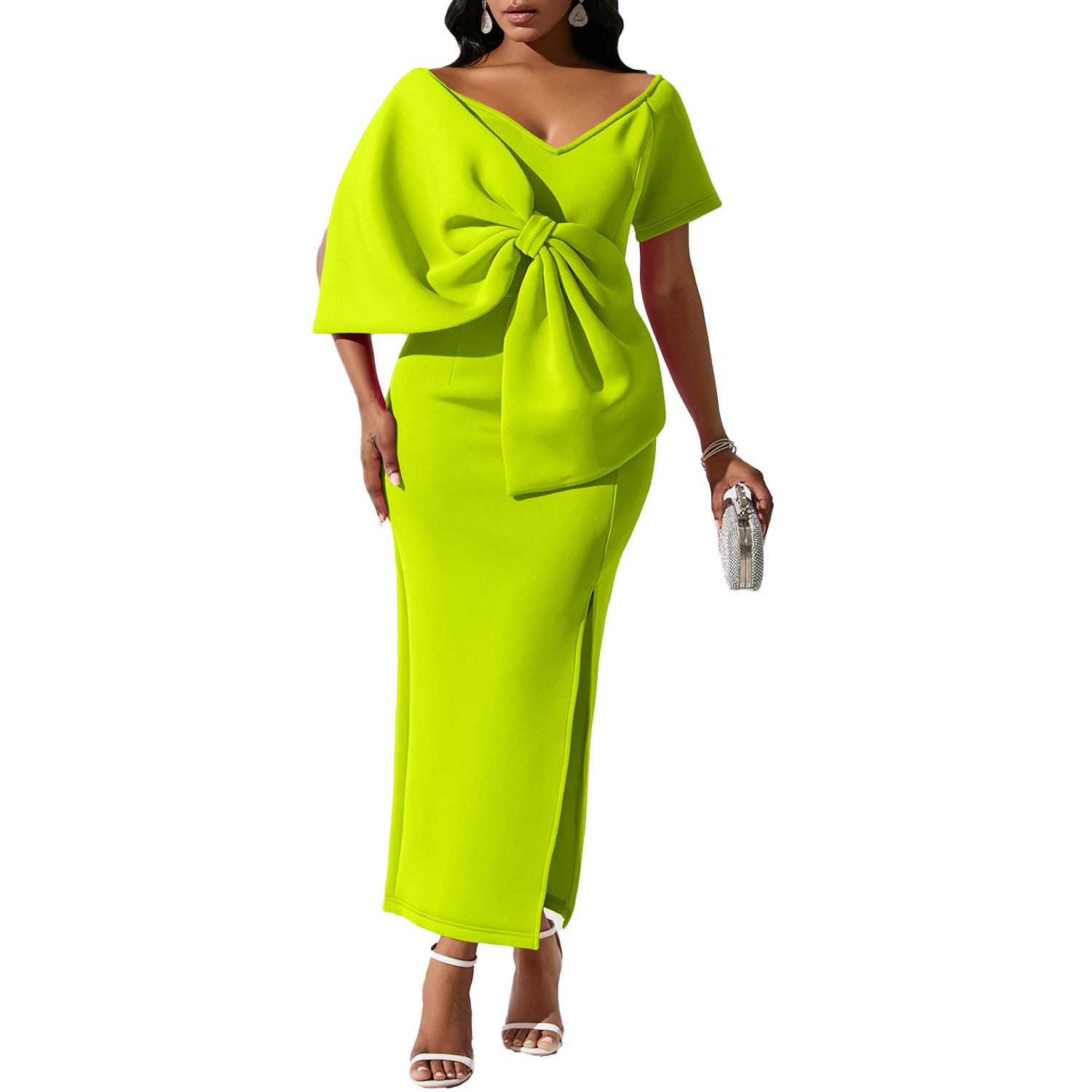 African Women Long Dresses Summer Sexy Big Bow Elegant V-neck Party Wedding Polyester White Pink Purple Robes Maxi Dress