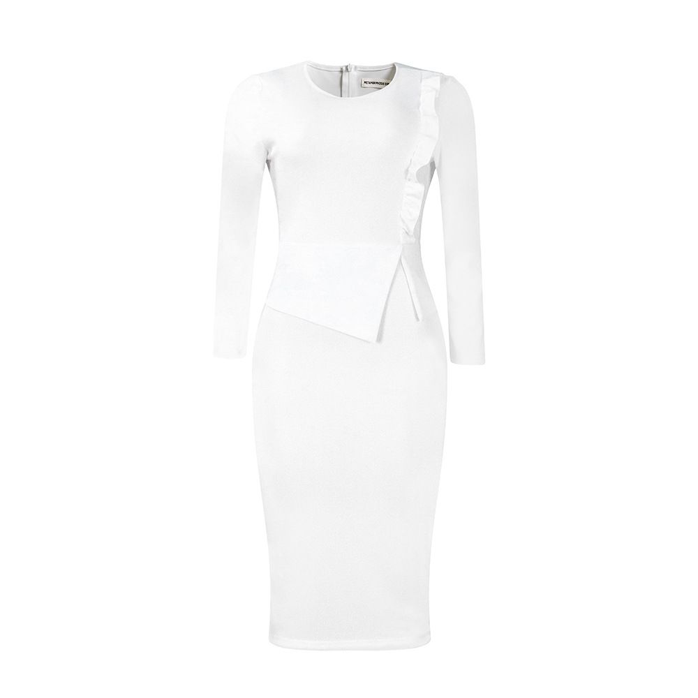 Women Autumn Pencil Dress Round Collar Full Sleeve Slim Vestidos Solid Tight Waist Temperament Office Lady Folds Dresses