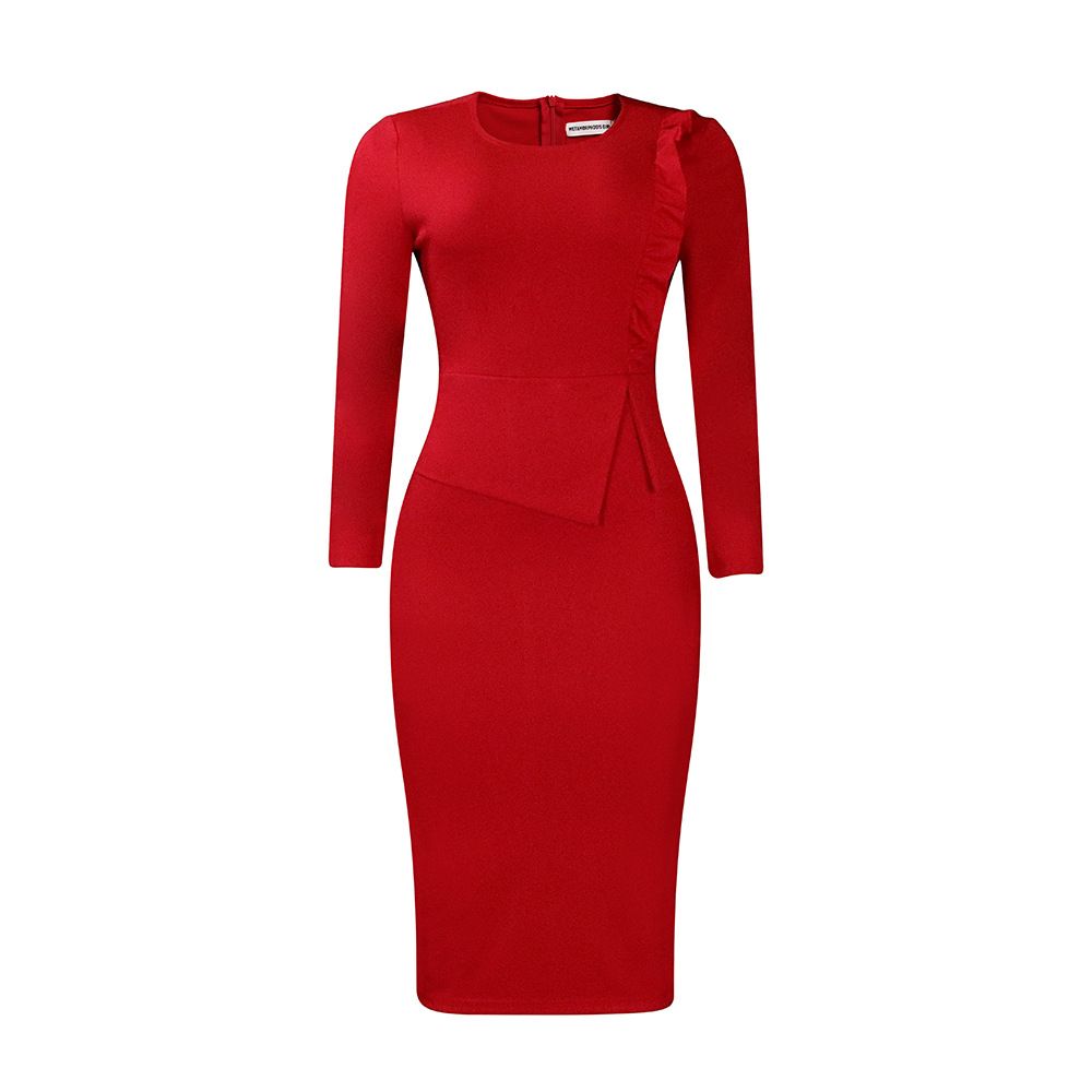 Women Autumn Pencil Dress Round Collar Full Sleeve Slim Vestidos Solid Tight Waist Temperament Office Lady Folds Dresses