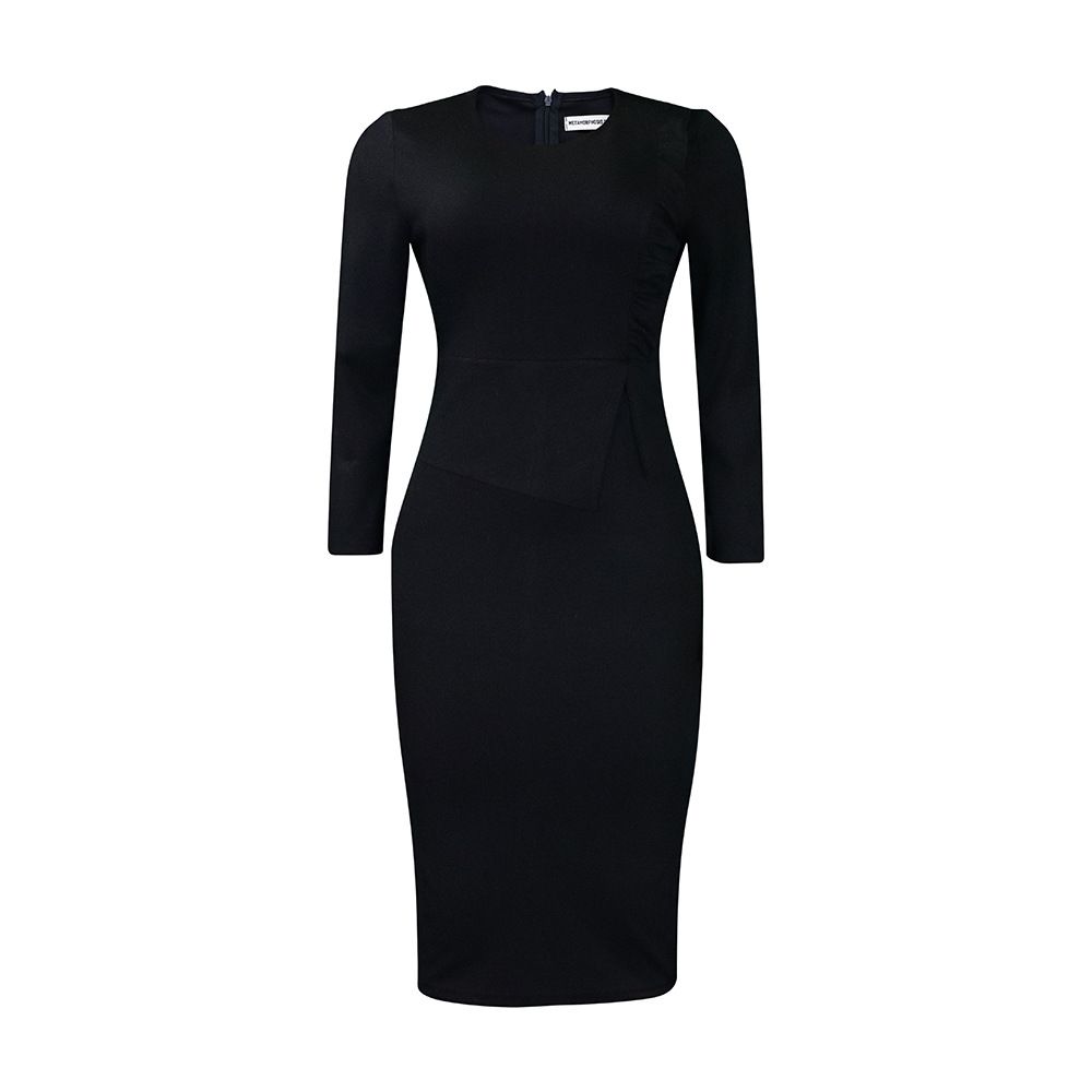 Women Autumn Pencil Dress Round Collar Full Sleeve Slim Vestidos Solid Tight Waist Temperament Office Lady Folds Dresses