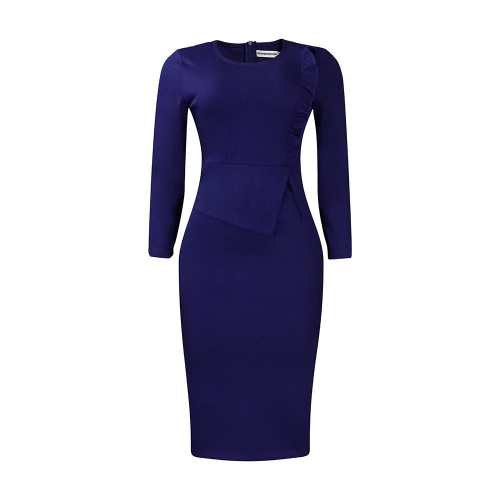 Women Autumn Pencil Dress Round Collar Full Sleeve Slim Vestidos Solid Tight Waist Temperament Office Lady Folds Dresses