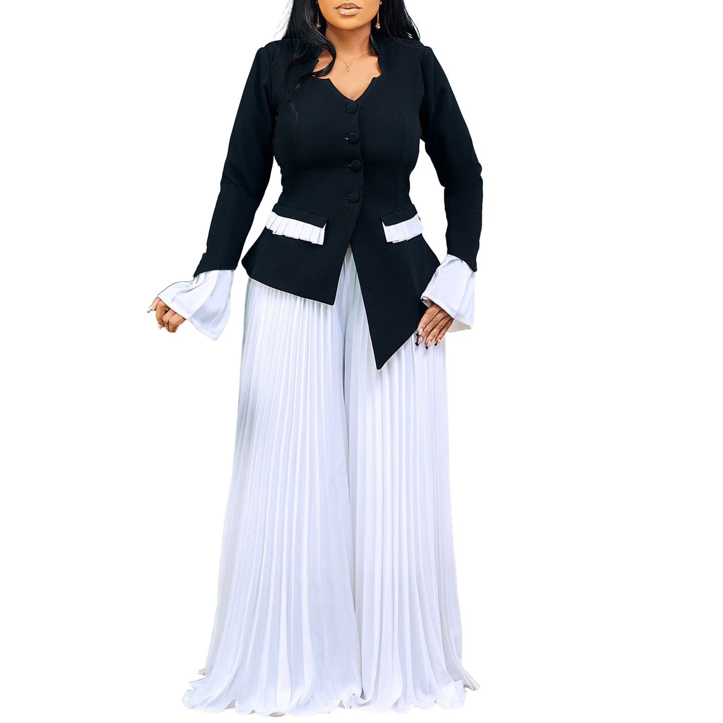 Women's Set Full Flare Sleeve Button Blazer Shirt + Pleated Long Pants Suit Streetwear Two 2 Piece Set Africa OL Outfits