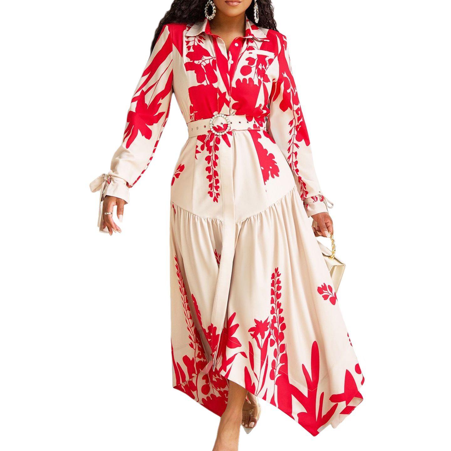 Long Dress Women Dresses Vestidos Streetwear High Waist Belt Print Floral Turn Down Collar Y2k Irregularity Party Beach Maxi