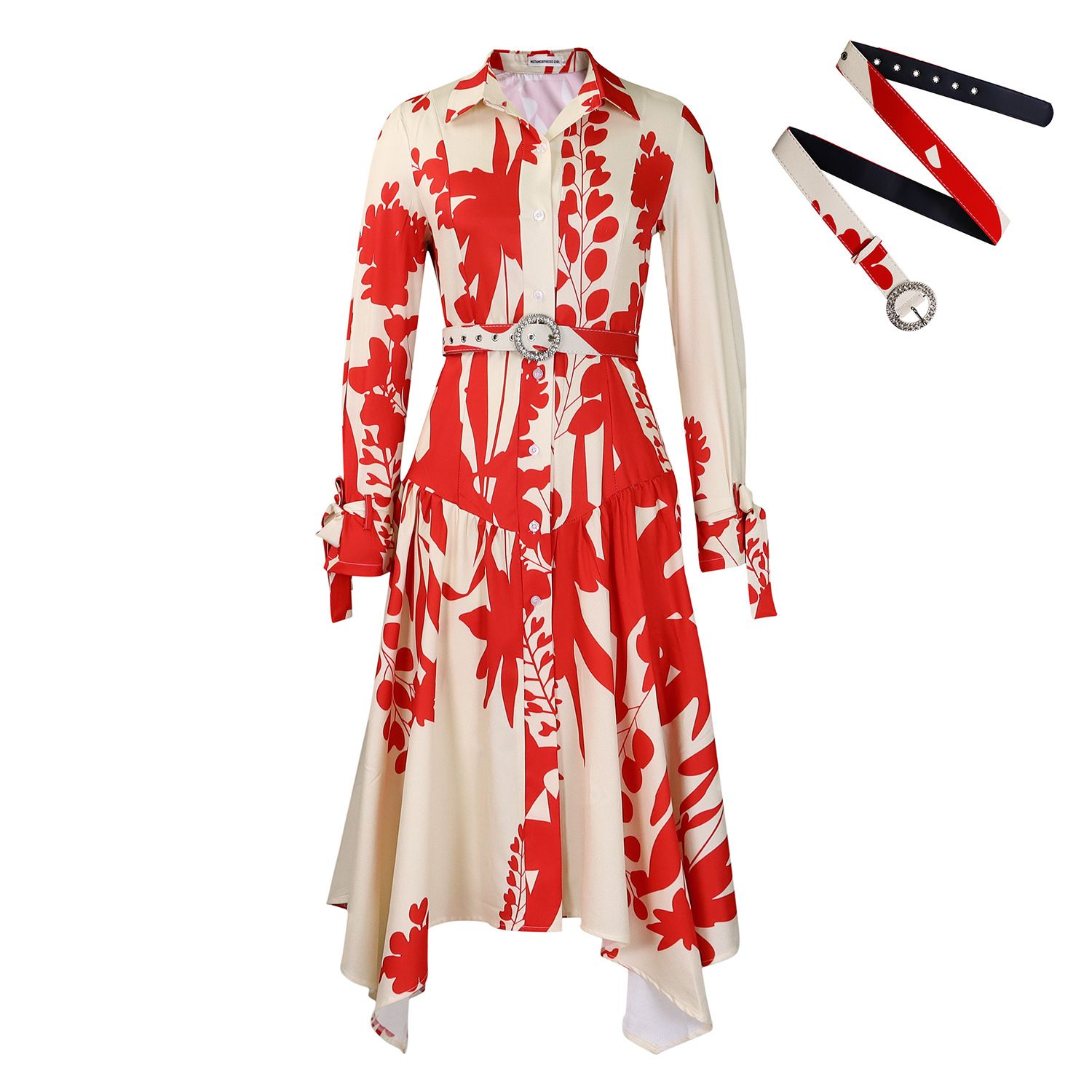 Long Dress Women Dresses Vestidos Streetwear High Waist Belt Print Floral Turn Down Collar Y2k Irregularity Party Beach Maxi