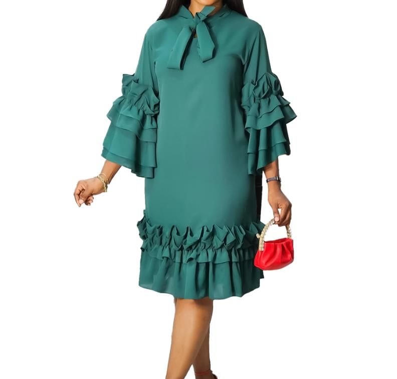 Ruffles Dresses Women Knee Length O Neck Flare Sleeve Straight Dress Loose Streetwear Party Wedding Vestidos Casual Summer