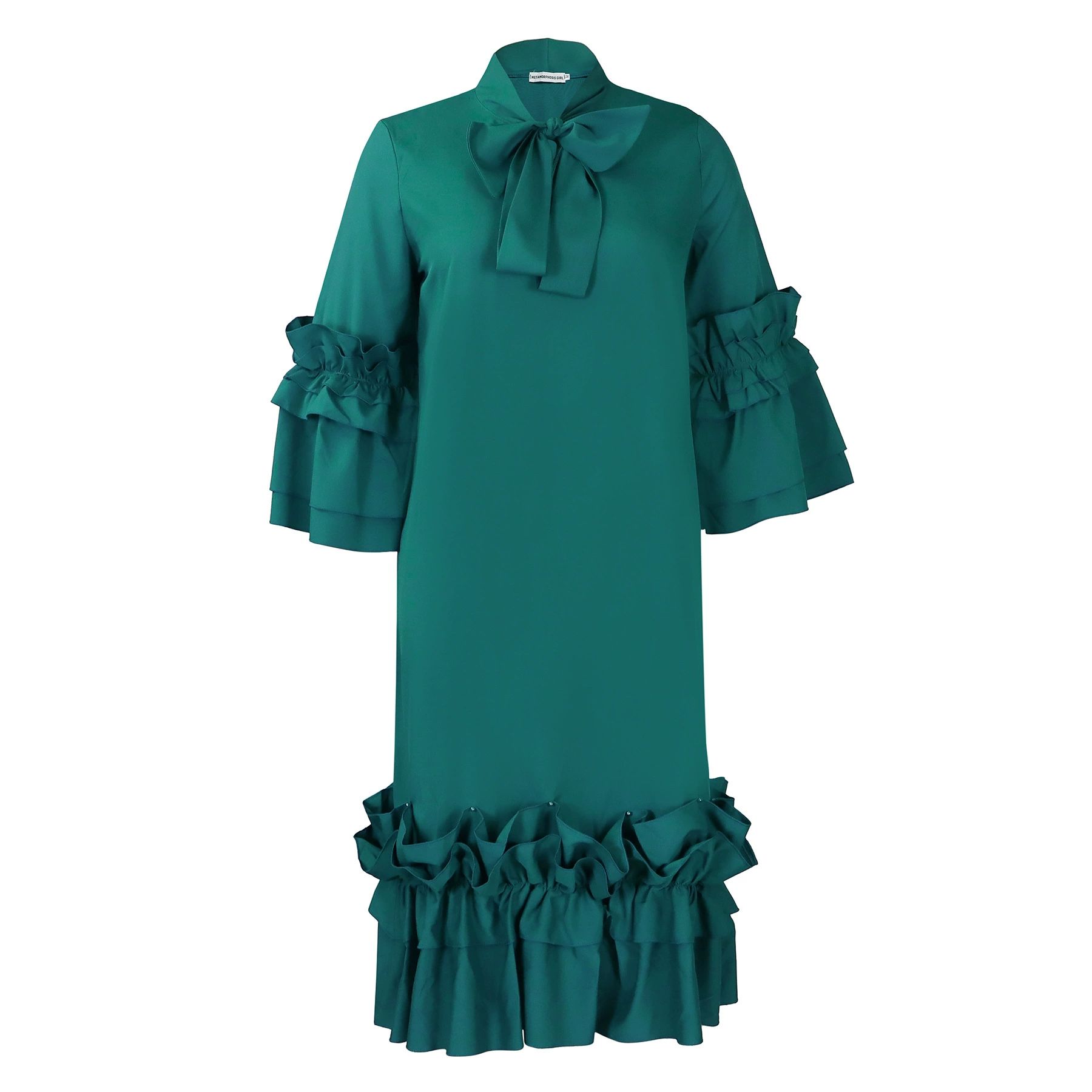 Ruffles Dresses Women Knee Length O Neck Flare Sleeve Straight Dress Loose Streetwear Party Wedding Vestidos Casual Summer