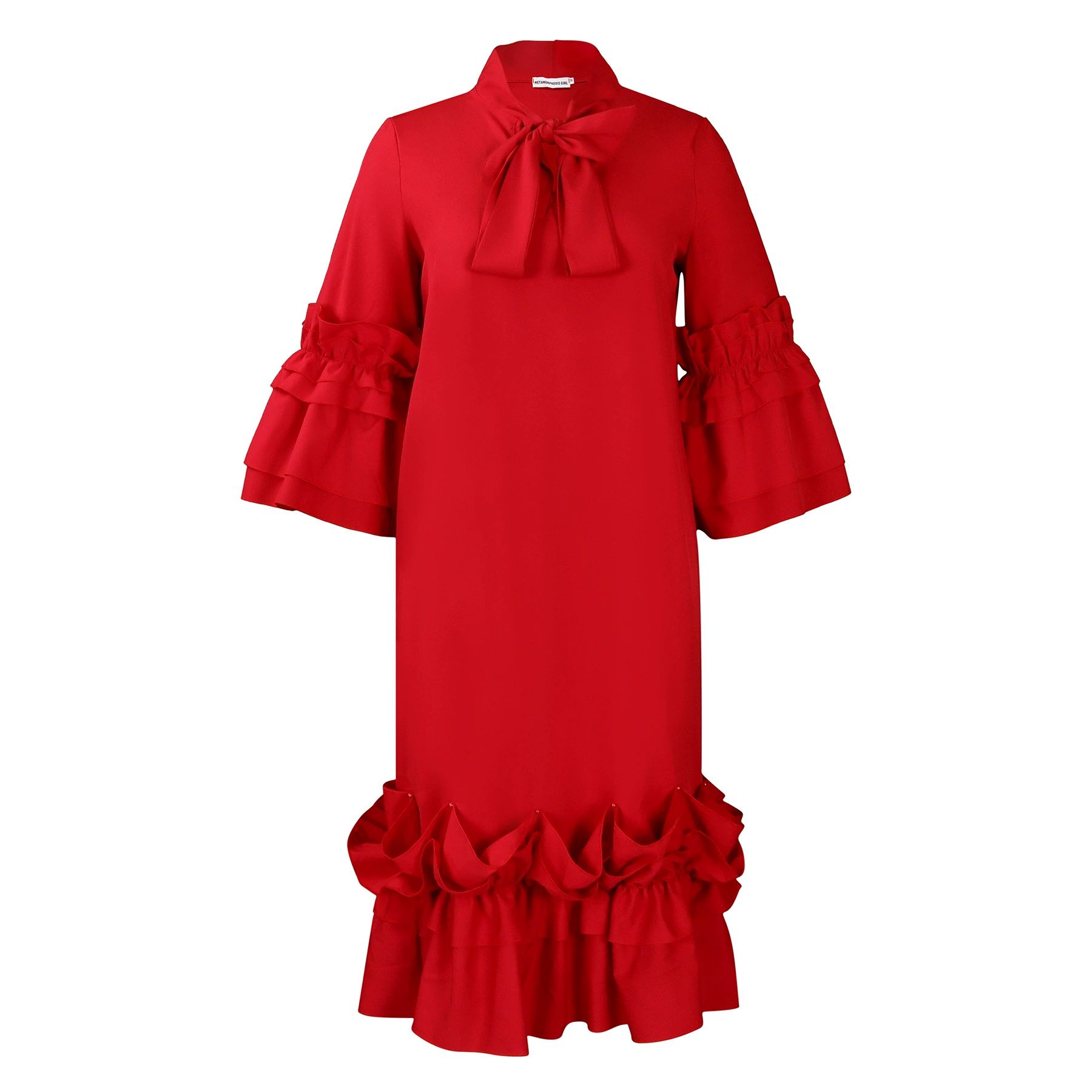 Ruffles Dresses Women Knee Length O Neck Flare Sleeve Straight Dress Loose Streetwear Party Wedding Vestidos Casual Summer