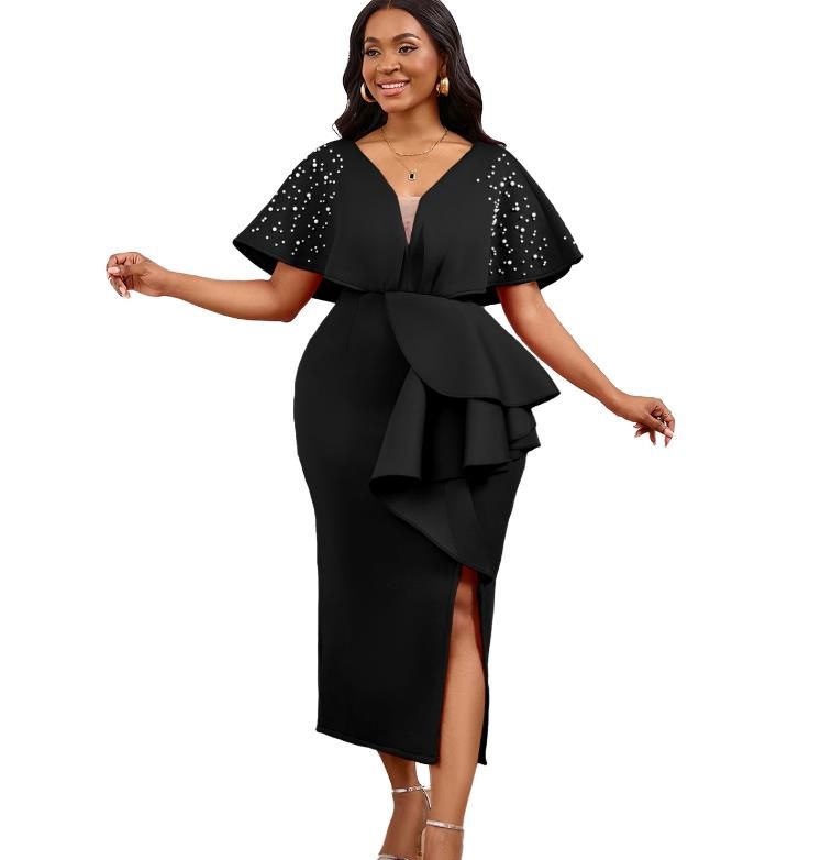 African Party Evening Dresses for Women Summer Autumn Africa Short Sleeve V-neck Polyester Bodycon Dress Gown Outfits S-3XL