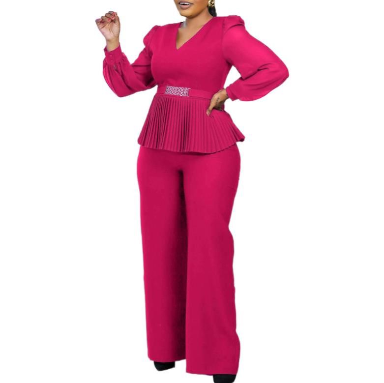 Elegant Women Office V-neck Long-sleeved Suit Spring Autumn Casual Fashion Pleated Cinched Waist Top + Wide-leg Pants 2piece Set