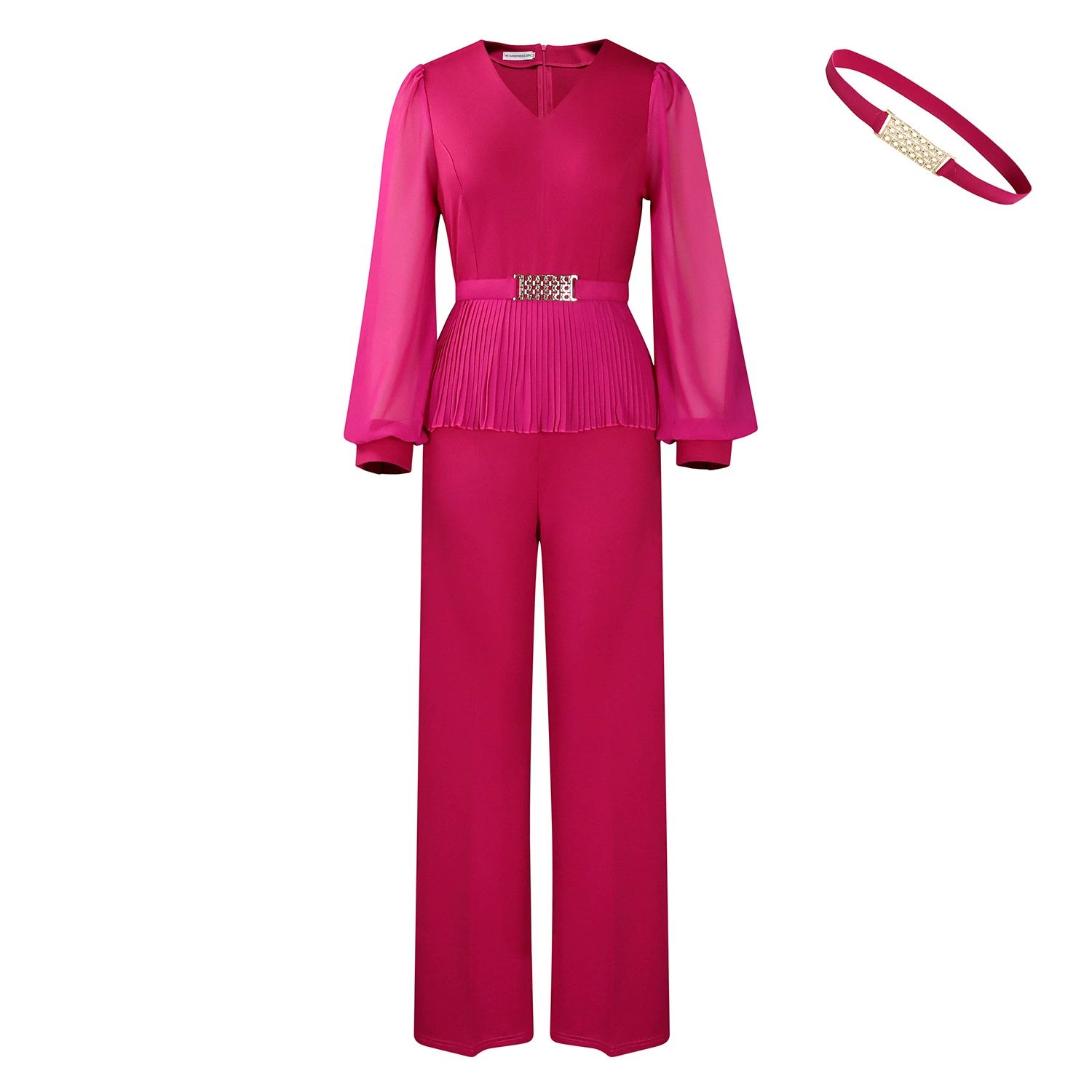 Elegant Women Office V-neck Long-sleeved Suit Spring Autumn Casual Fashion Pleated Cinched Waist Top + Wide-leg Pants 2piece Set