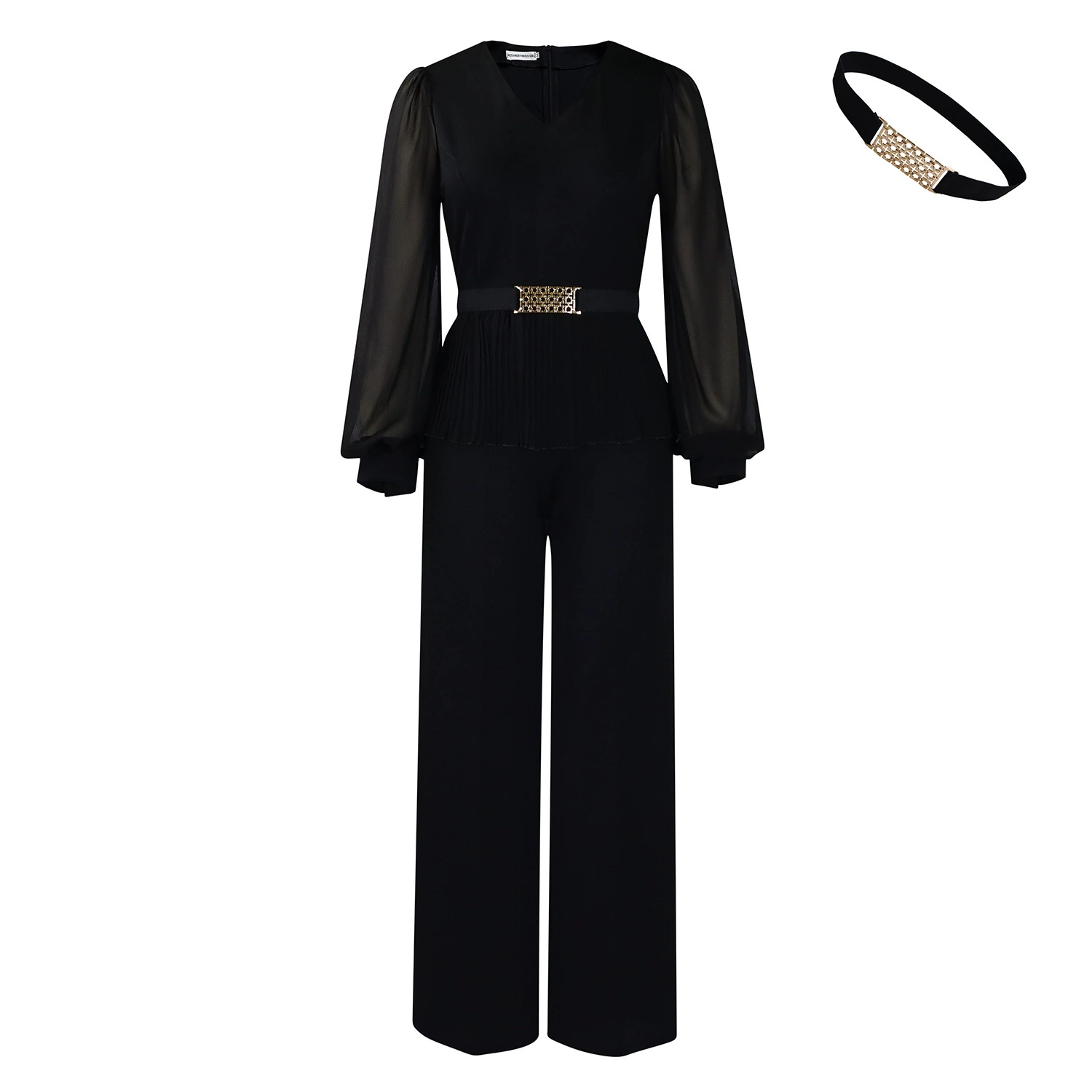 Elegant Women Office V-neck Long-sleeved Suit Spring Autumn Casual Fashion Pleated Cinched Waist Top + Wide-leg Pants 2piece Set