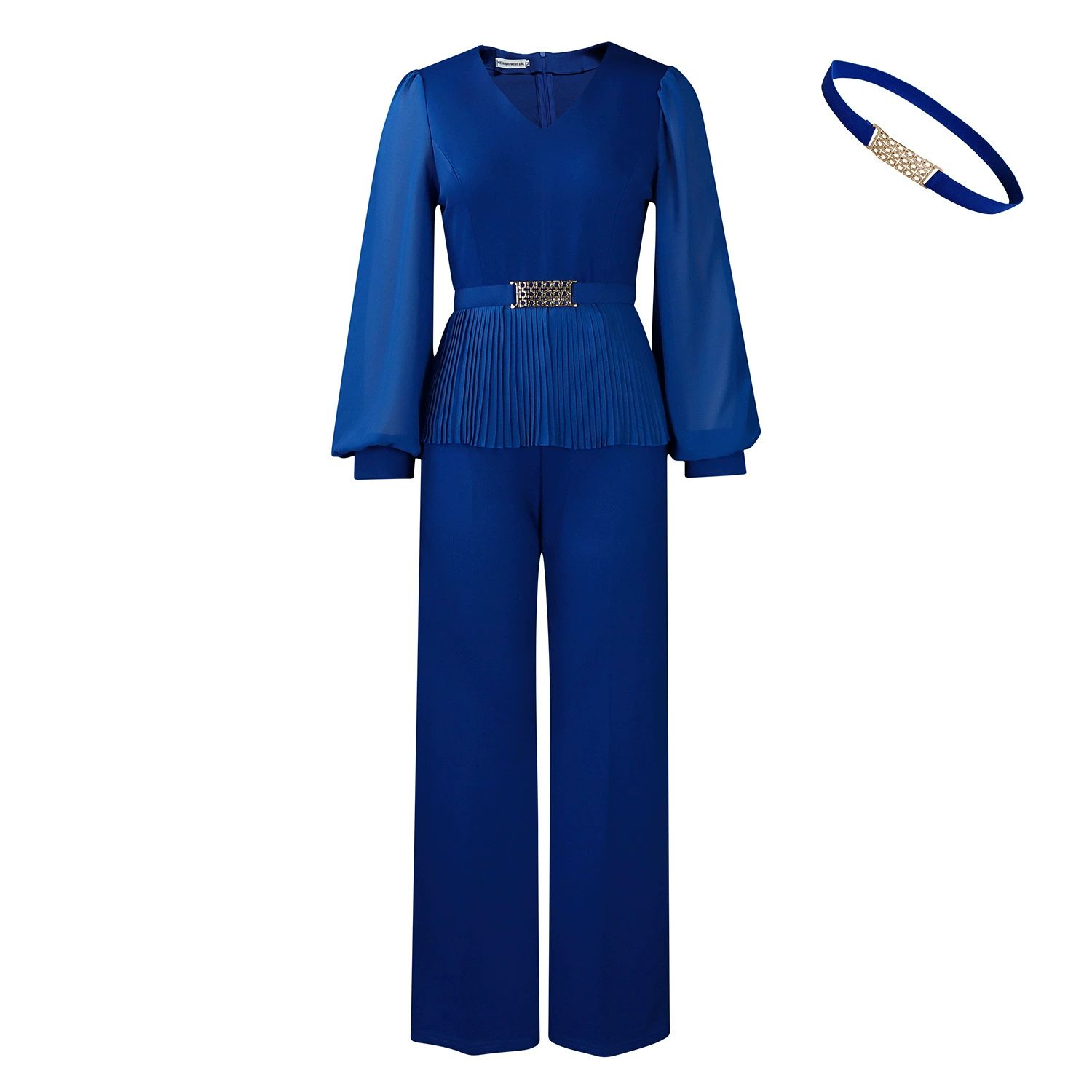 Elegant Women Office V-neck Long-sleeved Suit Spring Autumn Casual Fashion Pleated Cinched Waist Top + Wide-leg Pants 2piece Set