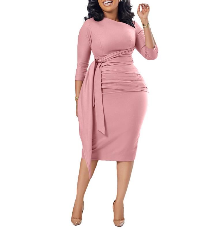 Office Dresses for Woman New Skew Collar Full Sleeve Sashes Sheath Package Hips Mid Calf Professional Business Work Dress