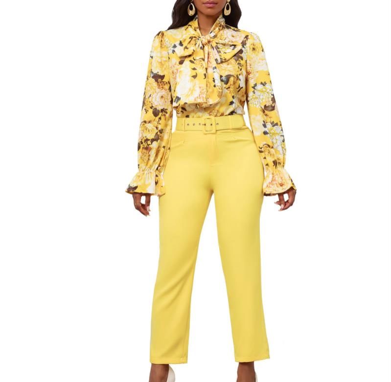 2 Pieces Pants Sets Women Printed Shirts & Pencil Pants Belt Waisted Straight Elegant Female Outfits Matching Pants Sets Clothes