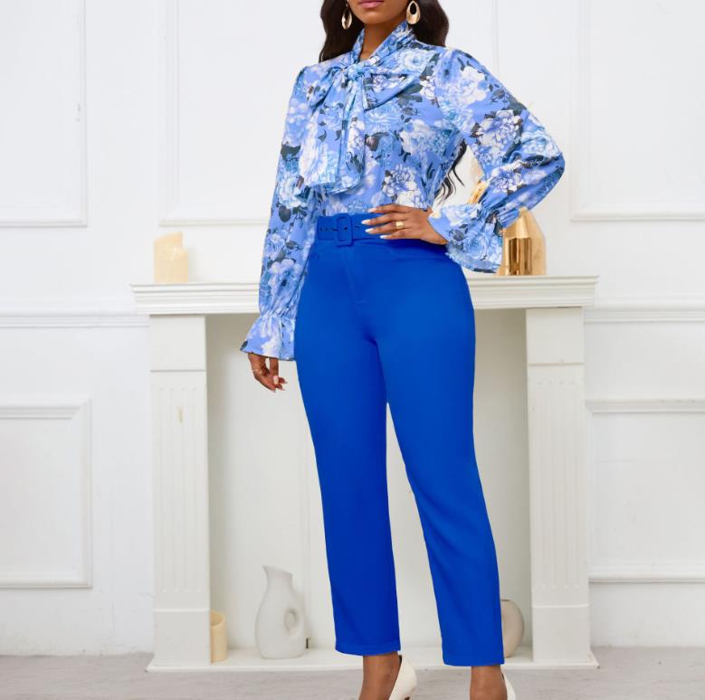 2 Pieces Pants Sets Women Printed Shirts & Pencil Pants Belt Waisted Straight Elegant Female Outfits Matching Pants Sets Clothes