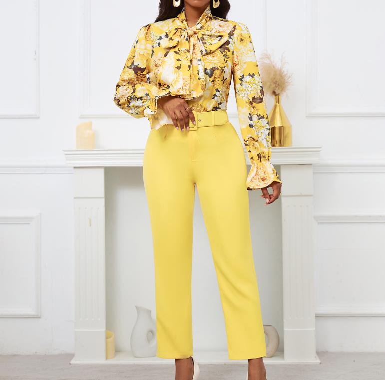 2 Pieces Pants Sets Women Printed Shirts & Pencil Pants Belt Waisted Straight Elegant Female Outfits Matching Pants Sets Clothes