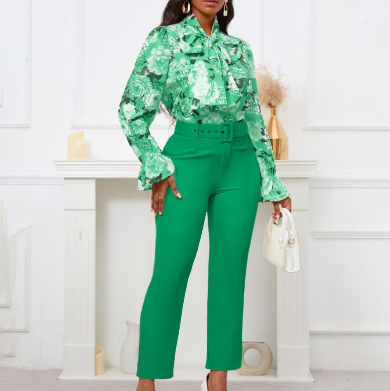 2 Pieces Pants Sets Women Printed Shirts & Pencil Pants Belt Waisted Straight Elegant Female Outfits Matching Pants Sets Clothes