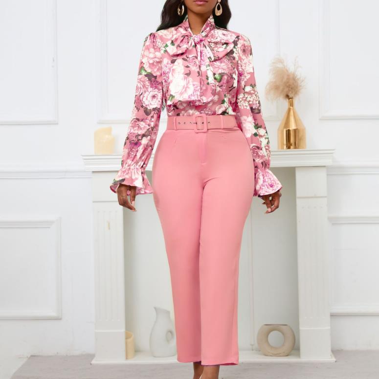 2 Pieces Pants Sets Women Printed Shirts & Pencil Pants Belt Waisted Straight Elegant Female Outfits Matching Pants Sets Clothes