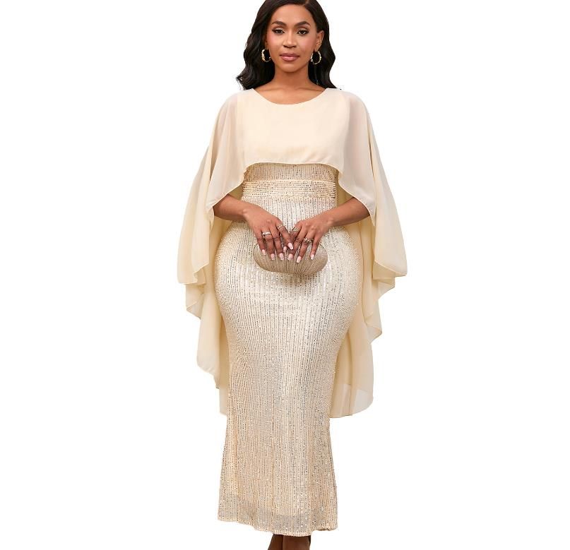 MLuxury Sequin Chiffon Cloak Women Wedding Evening Gown Bodycon Maxi Long Dress African Birthday Party Club Women's Clothing