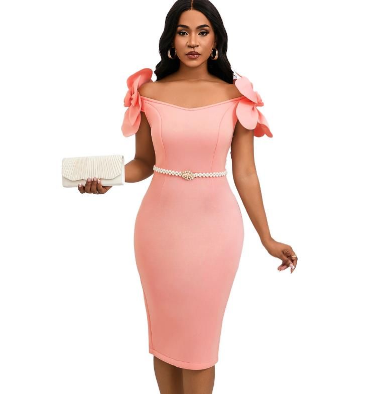 Sexy Off the Shoulder Petal Sleeve Mid Dresses with Sashes Woman Clothing Office Lady Elegant Birthday Party Prom Robe