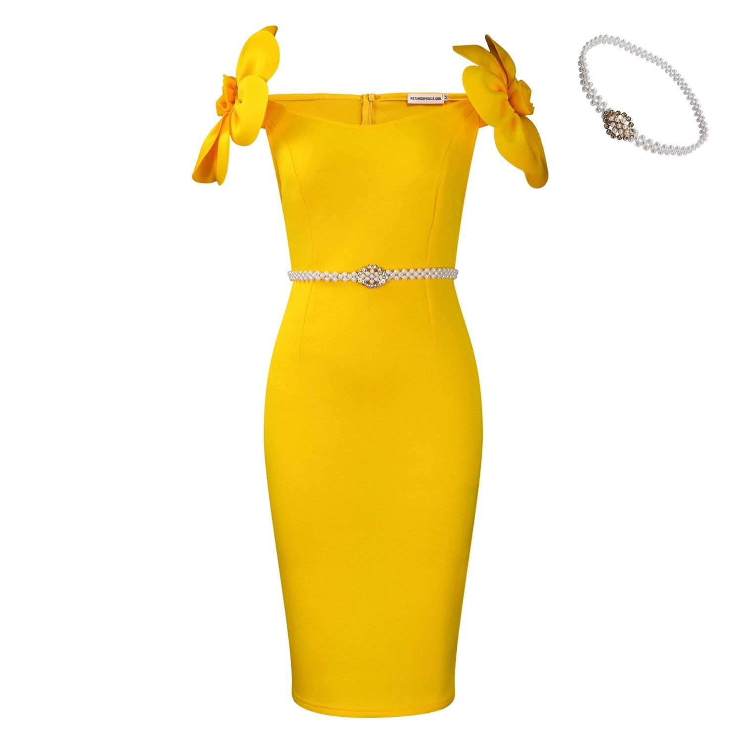 Sexy Off the Shoulder Petal Sleeve Mid Dresses with Sashes Woman Clothing Office Lady Elegant Birthday Party Prom Robe