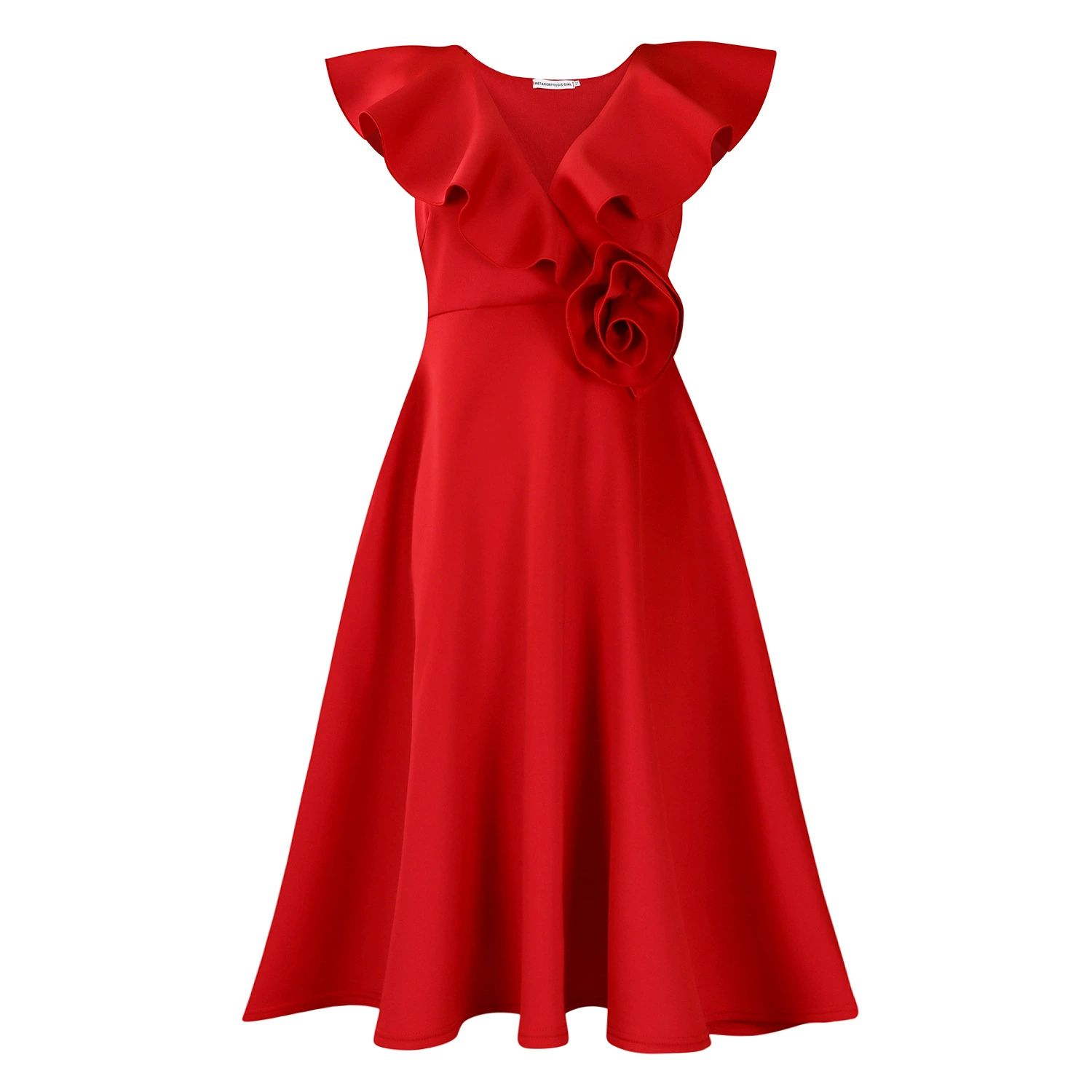 Elegant African Red Mid Dress Women‘s V-Neck Ruffle Sleeve A-Line Birthday Wedding Party Dashiki Ankara Office Vestid