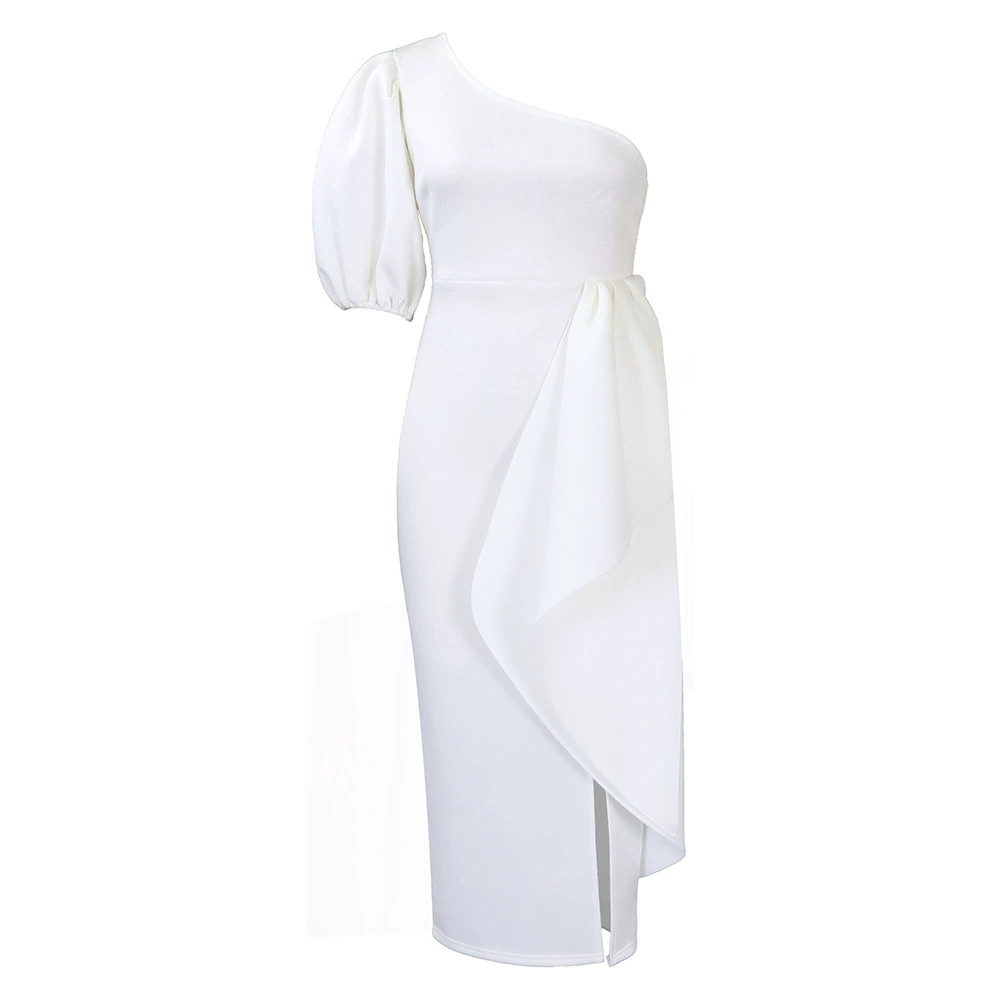 Women Party Dress One Shoulder Ruffles Evening Celebrate Occasion Sexy Sheath Slit Gowns Spring Summer Event Wedding Guest Robes