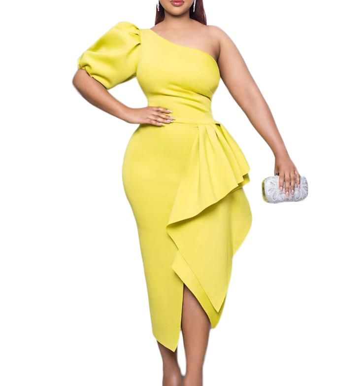 Women Party Dress One Shoulder Ruffles Evening Celebrate Occasion Sexy Sheath Slit Gowns Spring Summer Event Wedding Guest Robes