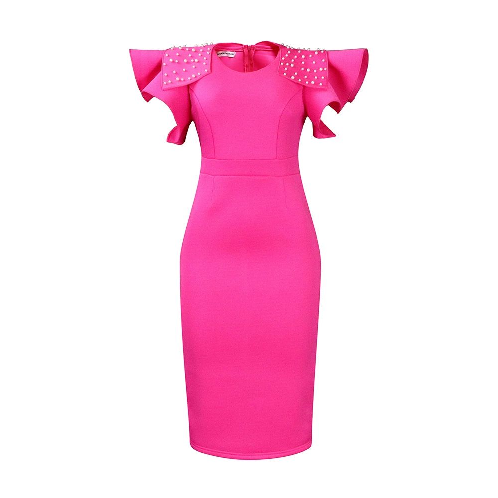 Elegant Party Dresses for Woman O Neck Ruffles Sleeve Beaded Sheath Package Hips Mid Calf Female Birthday Dinner Vestidos