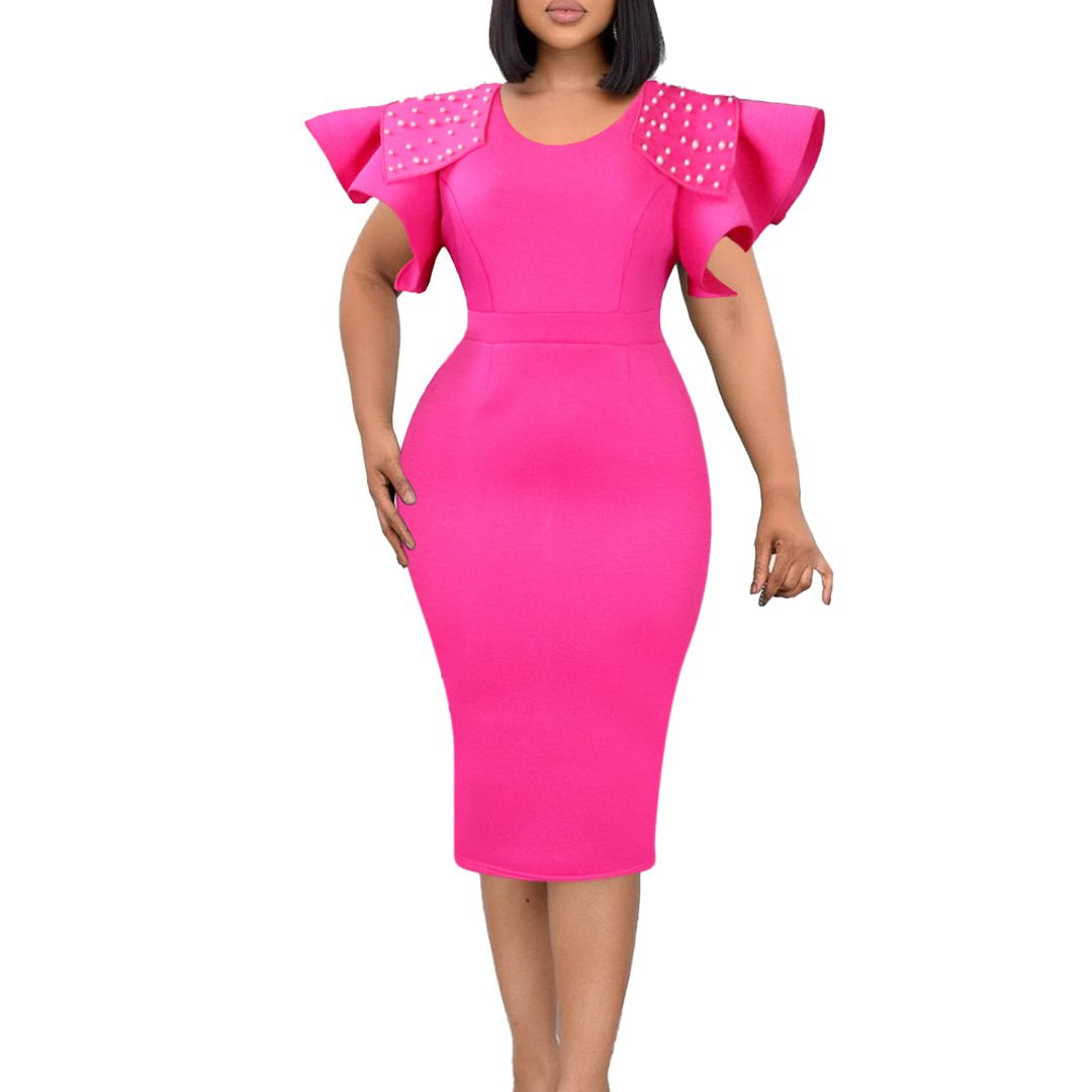 Elegant Party Dresses for Woman O Neck Ruffles Sleeve Beaded Sheath Package Hips Mid Calf Female Birthday Dinner Vestidos