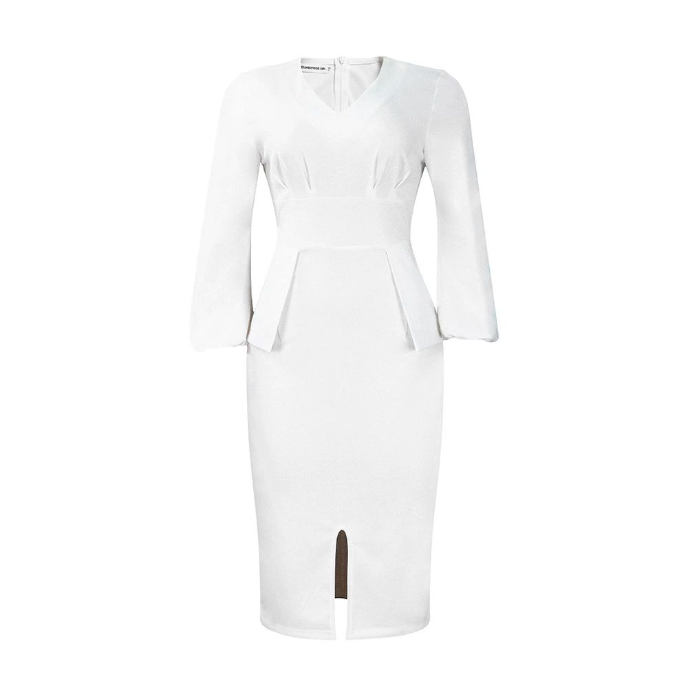 Elegant Office Dress for Women Professional V Neck Full Sleeve Sheath Package Hips Mid Calf Formal Business Work Wear Dress Midi