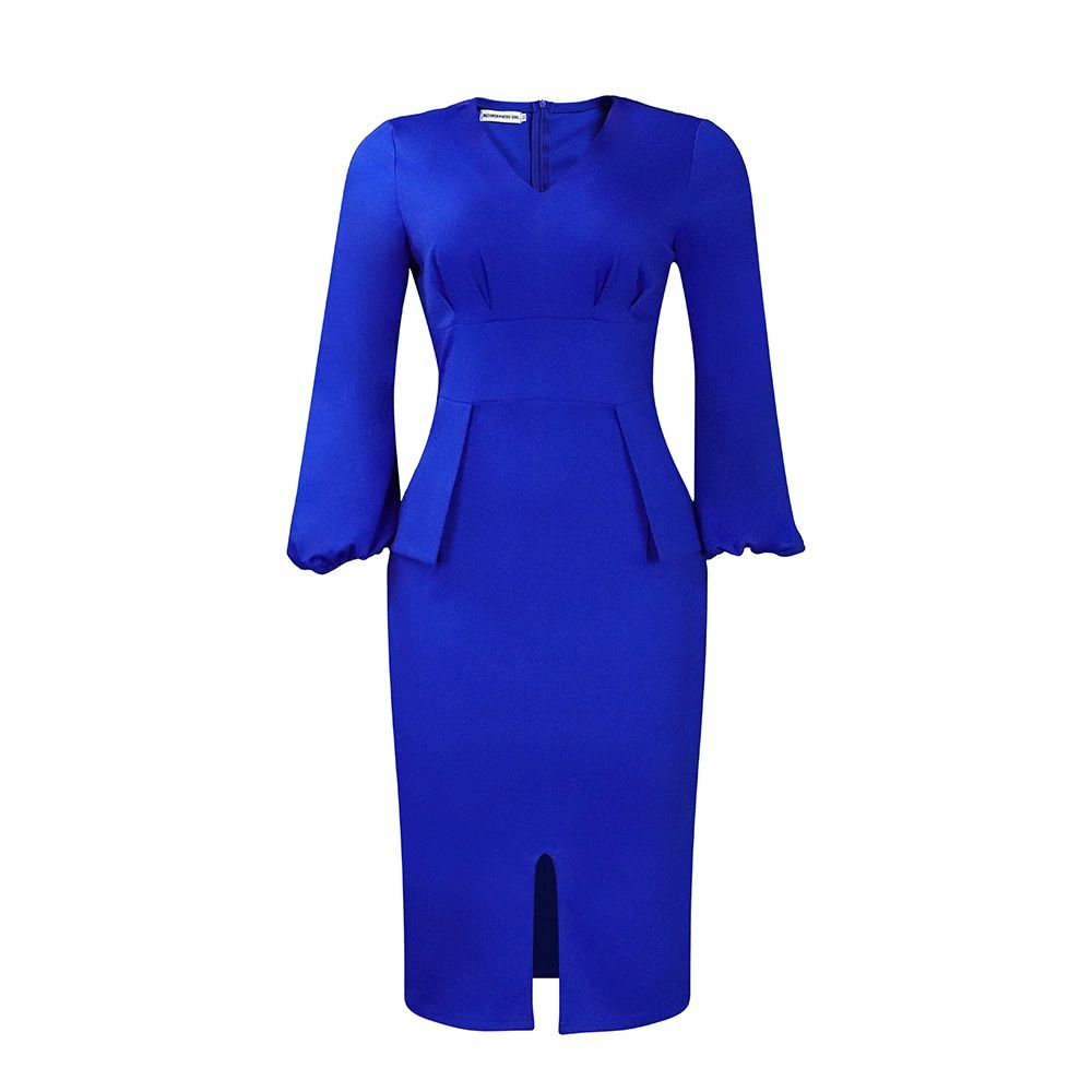 Elegant Office Dress for Women Professional V Neck Full Sleeve Sheath Package Hips Mid Calf Formal Business Work Wear Dress Midi