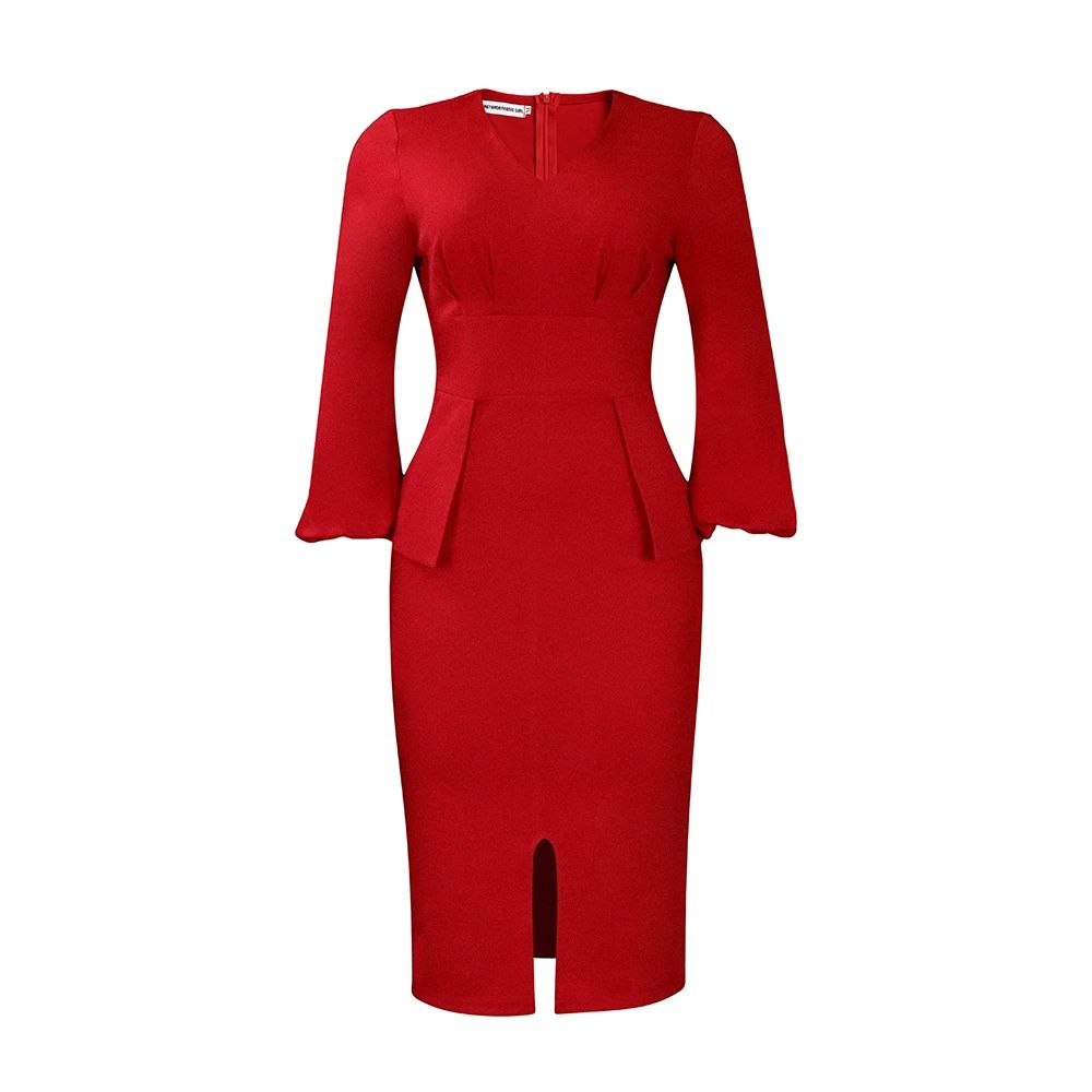 Elegant Office Dress for Women Professional V Neck Full Sleeve Sheath Package Hips Mid Calf Formal Business Work Wear Dress Midi