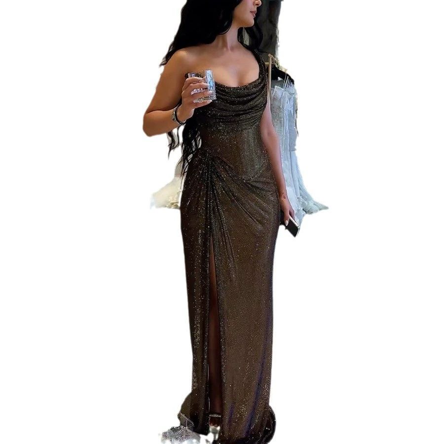 Casual Club Party Sequin Long Dress Fashion Asymmetric Slim Off Shoulder Dress Ladies Sexy Sleeveless Hollow Out Cocktail Dress