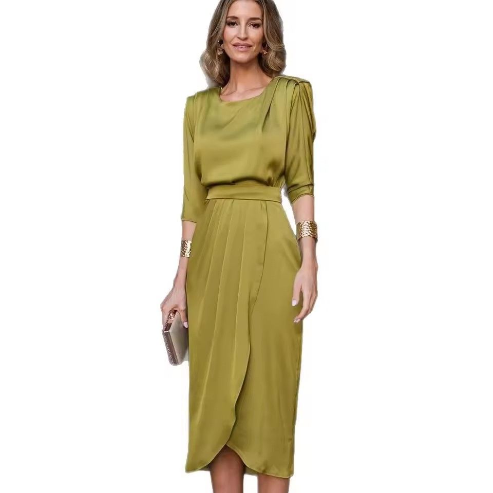 Women's New Round Neck Trouser Fashionable Casual Loose Mid-sleeved Solid Color Elegant Dress Women's Vacation Style Dress