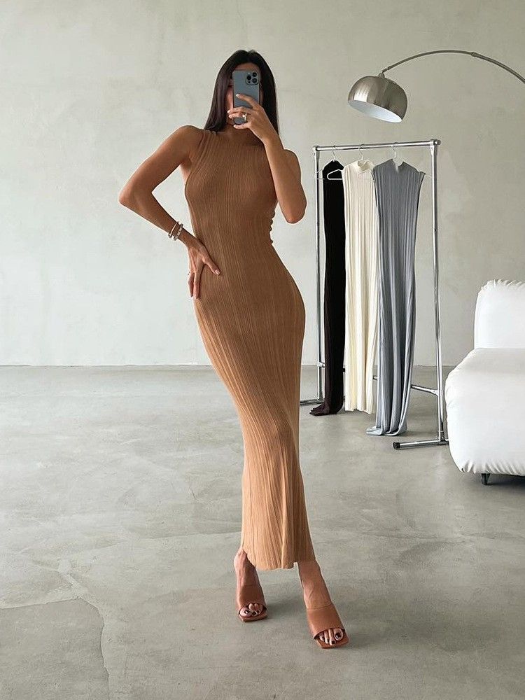 Tossy Sleeveless Knitwear Turtleneck Long Dress Female Slim Elegant Fashion Autumn Ribbed Knit Dress For Women Maxi Dress