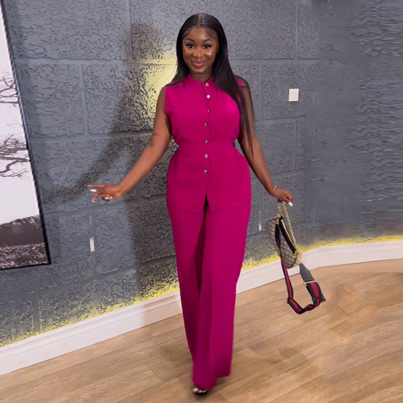 Breasted Sleeveless Lace-up Top Vests Summer Shirts Tops 2 Piece Sets Outfits Pants Stand Collar Wide Leg Trousers Suit