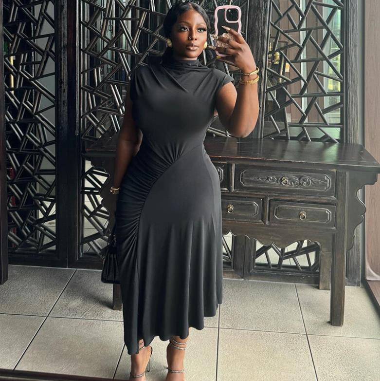 Elegant Party Night Club Irregular Prom Dress Women Half High Collar Sleeveless Ruched Birthday Balck Sexy Bodycon Dress Vestido