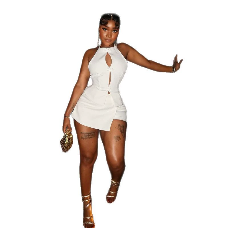 Sexy Streetwear Y2K Two Piece Women Short Sets Summer Fashion Halter Backless Tank Tops and Mini Shorts Skirts Suit Female