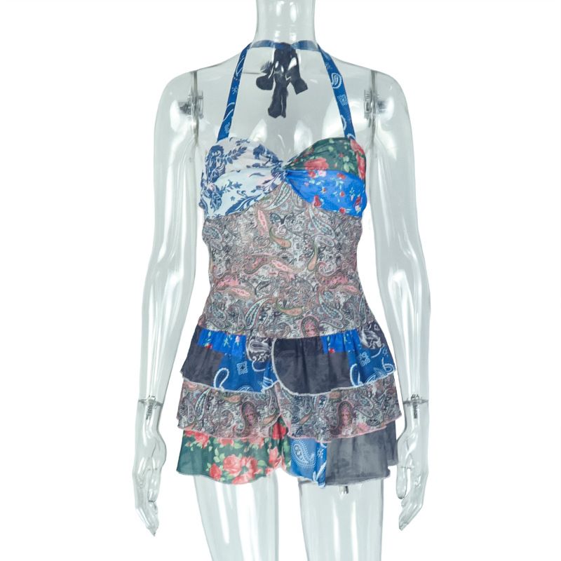 Women's Fresh Abstract Printed Ruffle A-line Dress Hanging Neck Backless Short Casual Vacation Dresses