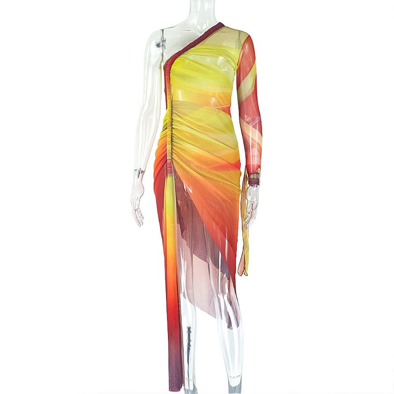 Whatiwear Sexy See Through Dress Women Gradient Print Irregular Skew Collar Split Shirring Ribbon Ruched Birthday Club Vestidos