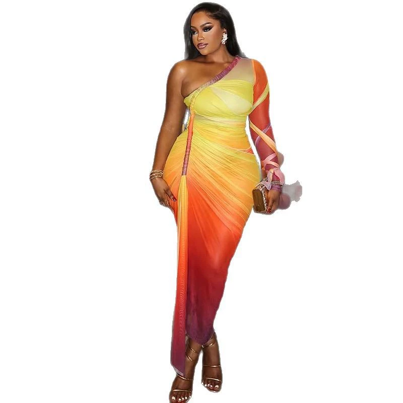 Whatiwear Sexy See Through Dress Women Gradient Print Irregular Skew Collar Split Shirring Ribbon Ruched Birthday Club Vestidos