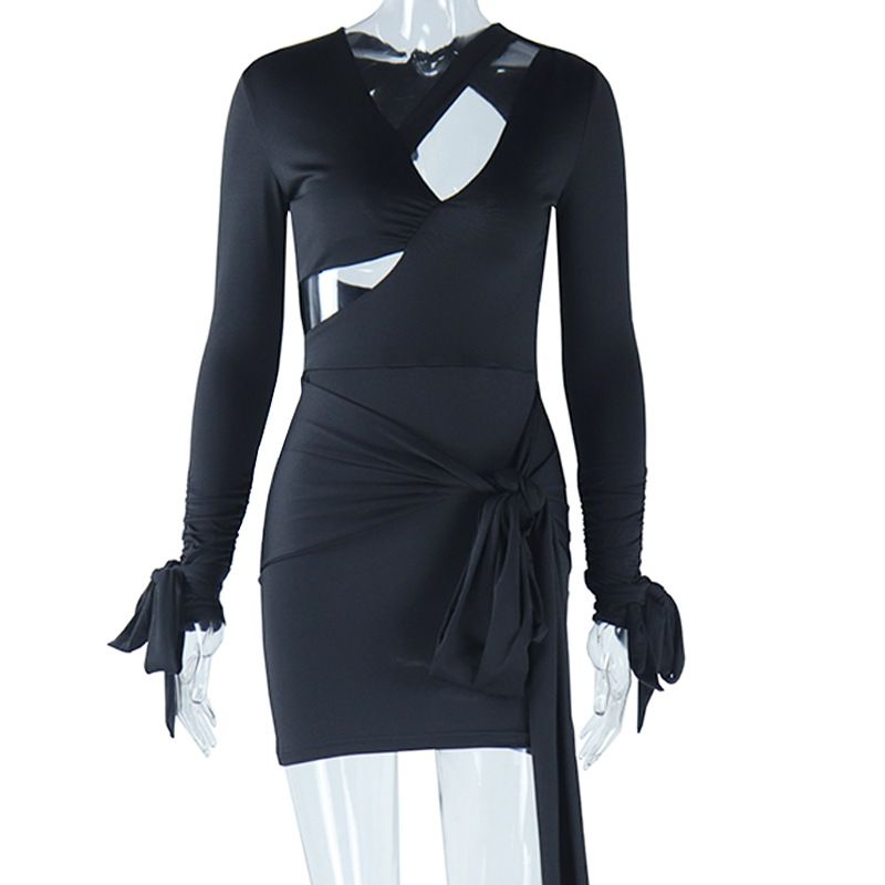 Sexy Irregular Hollow Out Classic Black White Dress Street Club Outfits Female Long Sleeve Lace Up Backless Dresses