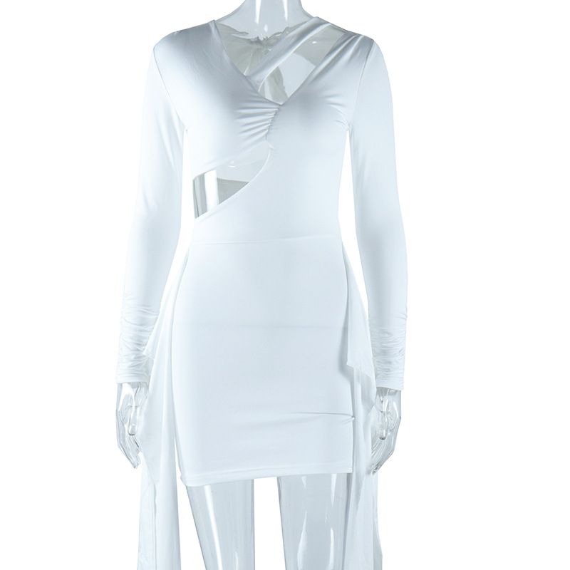 Sexy Irregular Hollow Out Classic Black White Dress Street Club Outfits Female Long Sleeve Lace Up Backless Dresses