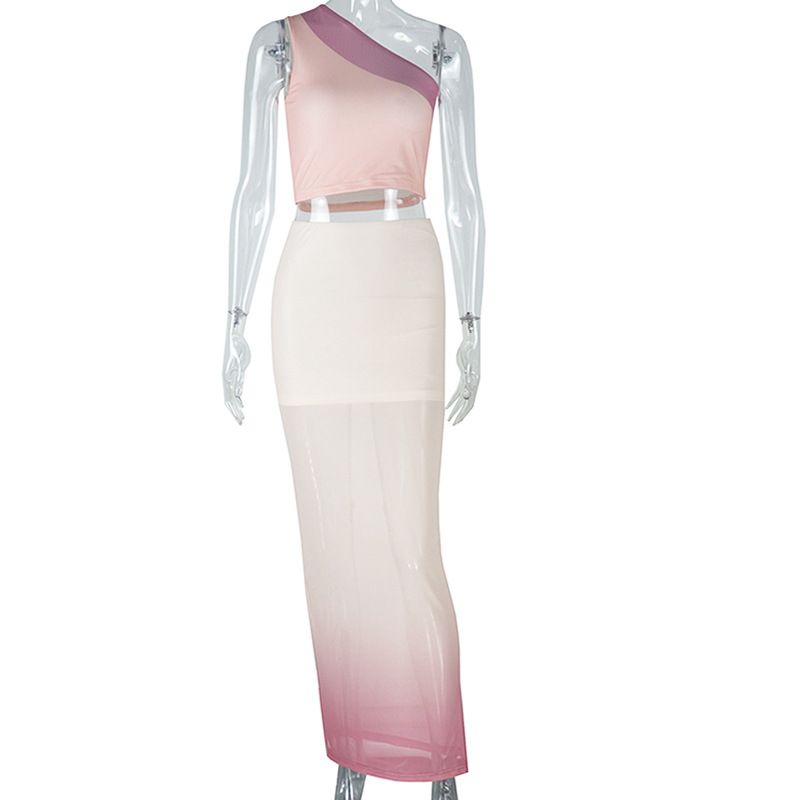 Women 2 Piece Set Elegant One-Shoulder Tank Tops+Double Deck Maxi Skirts Summer Fashion Clubwear Two-Piece Outfits