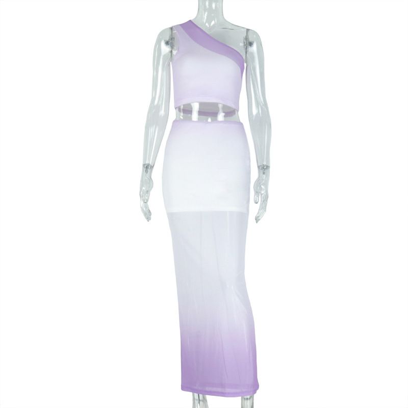 Women 2 Piece Set Elegant One-Shoulder Tank Tops+Double Deck Maxi Skirts Summer Fashion Clubwear Two-Piece Outfits