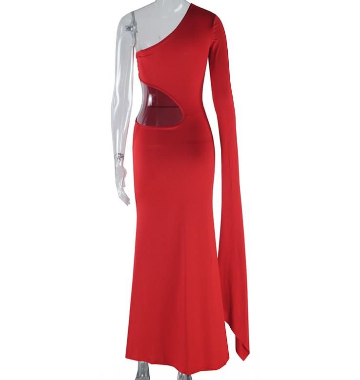 Sexy Red Evening Party Dress Women Elegant Vestidos Asymmetrical Cut Out One Shoulder Mermaid Maxi Dresses