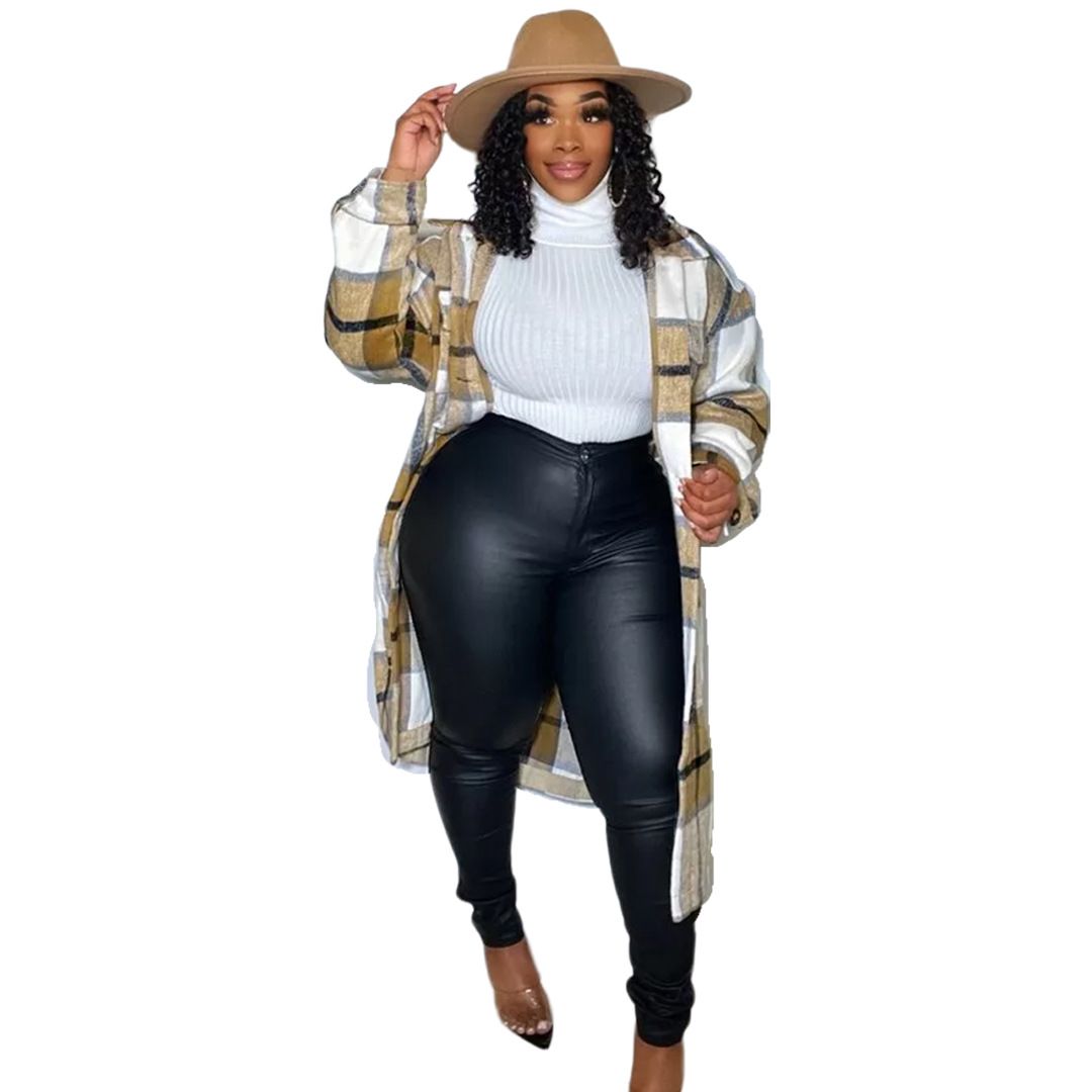 Women Nightclub Clothes Woolen Woolen Pocket Plaid Long Shirt Jacket Women's Fashion Clothing Checkered Long Coat