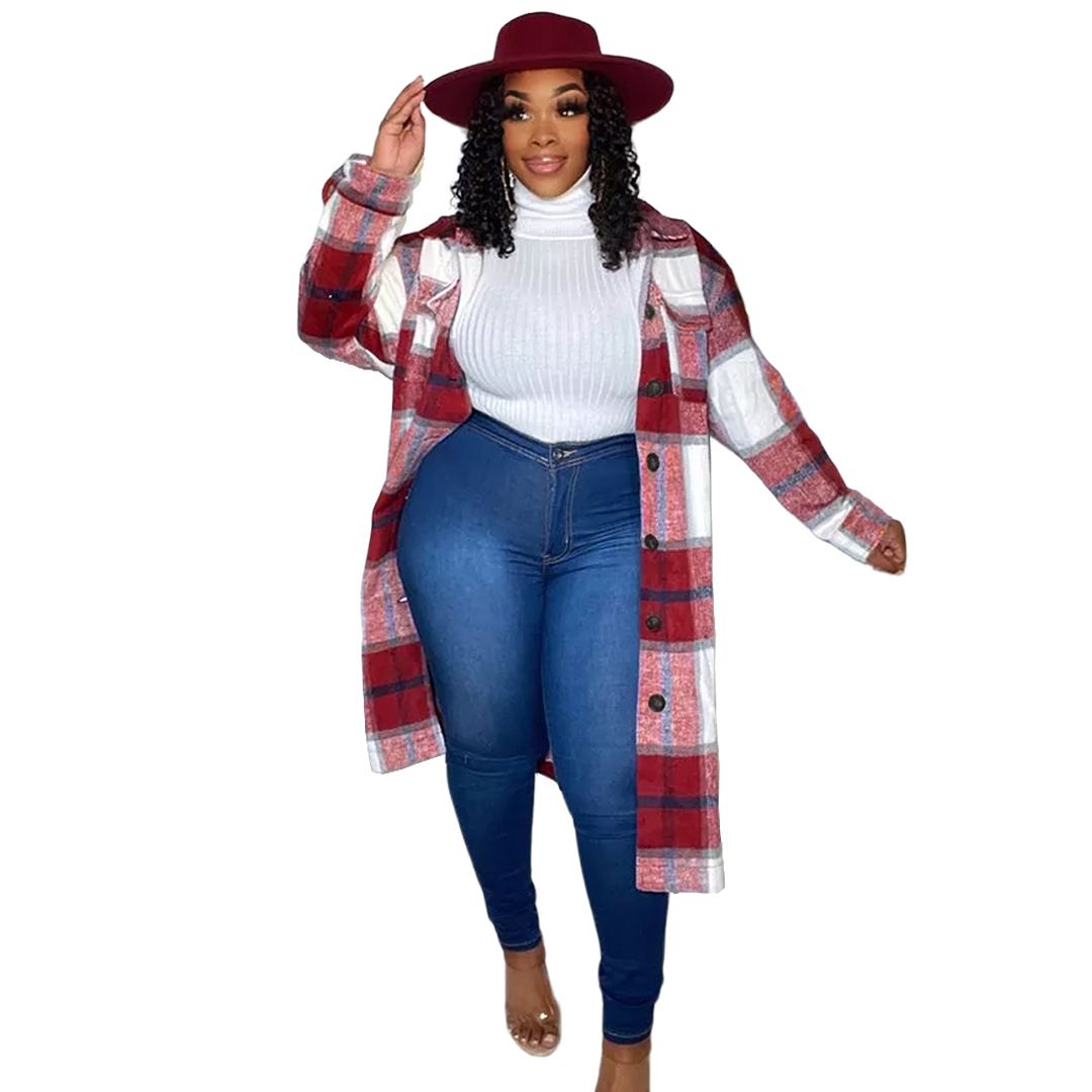 Women Nightclub Clothes Woolen Woolen Pocket Plaid Long Shirt Jacket Women's Fashion Clothing Checkered Long Coat